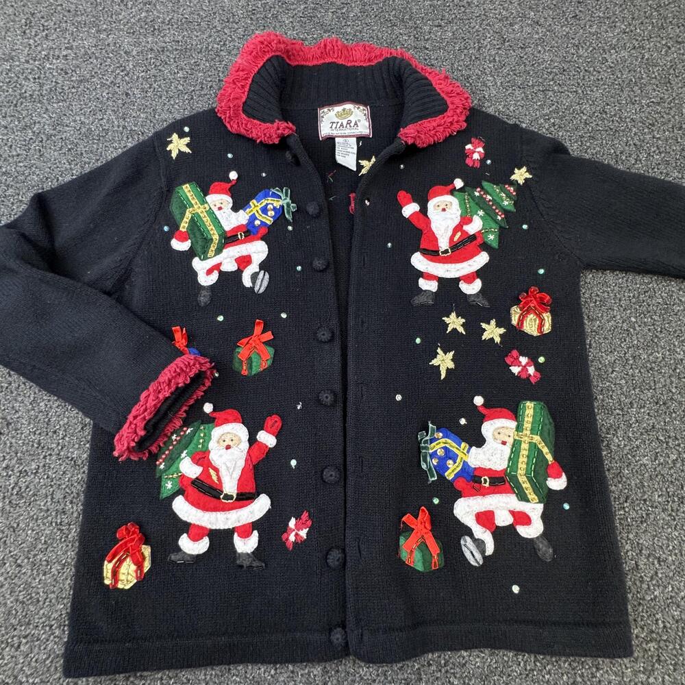 Tiara International Christmas Womens S Black Embroidered Sequin Bow Holiday Xmas
